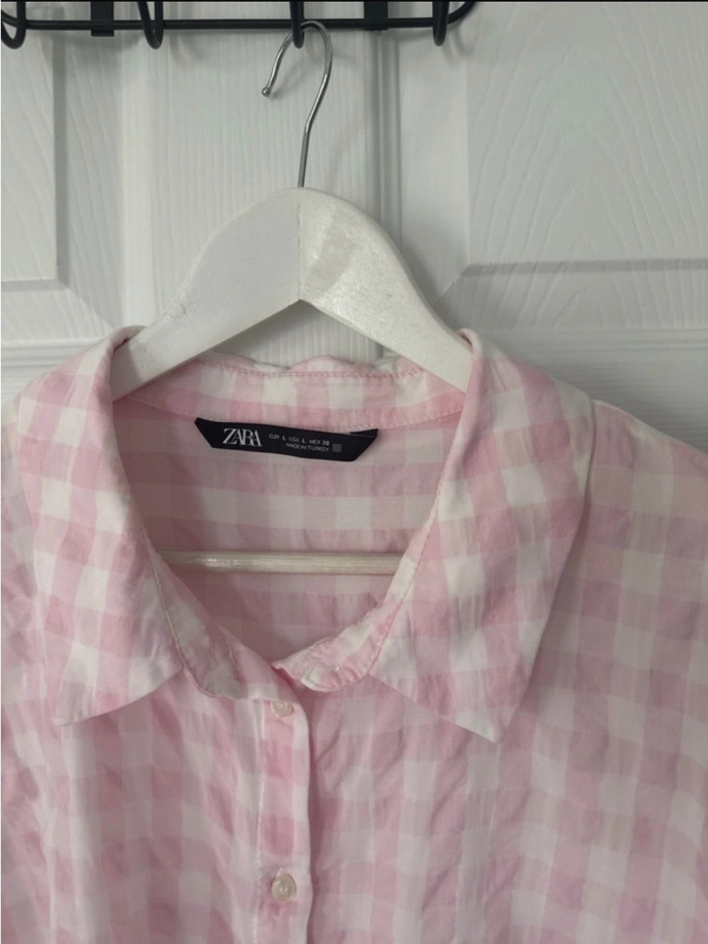 Zara Pink Gingham Button-Down Cotton Crinkle Plaid Shirt Large - Picture 4 of 5